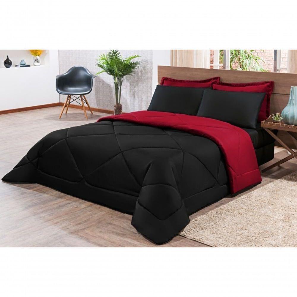 Kit Edredom + Jogo De Lençol Aconchego Look House Dupla Face Casal King 06 Peças - Preto E Vermelho - 1