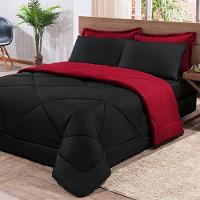 Kit Edredom + Jogo De Lençol Aconchego Look House Dupla Face Casal King 06 Peças - Preto E Vermelho