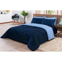 Kit Edredom + Jogo De Lençol Aconchego Dupla Face Solteiro 04 Peças - Azul Marinho E Azul - 1