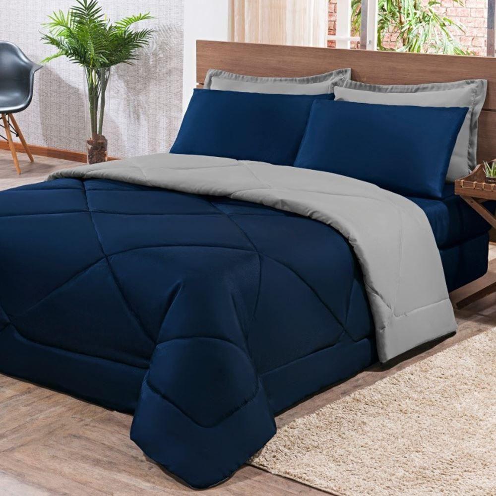 Kit Edredom + Jogo De Lençol Aconchego Look House Dupla Face Casal Queen 06 Peças - Azul E Cinza - 3