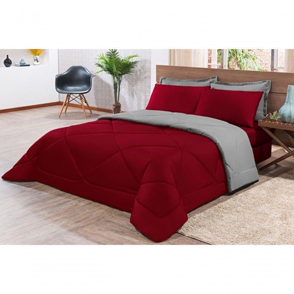 Kit Edredom + Jogo De Lençol Aconchego Look House Dupla Face Casal Queen 06 Peças - Vermelho- Cinza - 3
