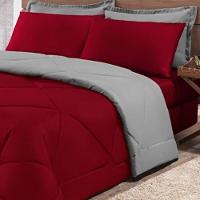 Kit Edredom + Jogo De Lençol Aconchego Look House Dupla Face Solteiro 04 Peças - Vermelho- Cinza - 11