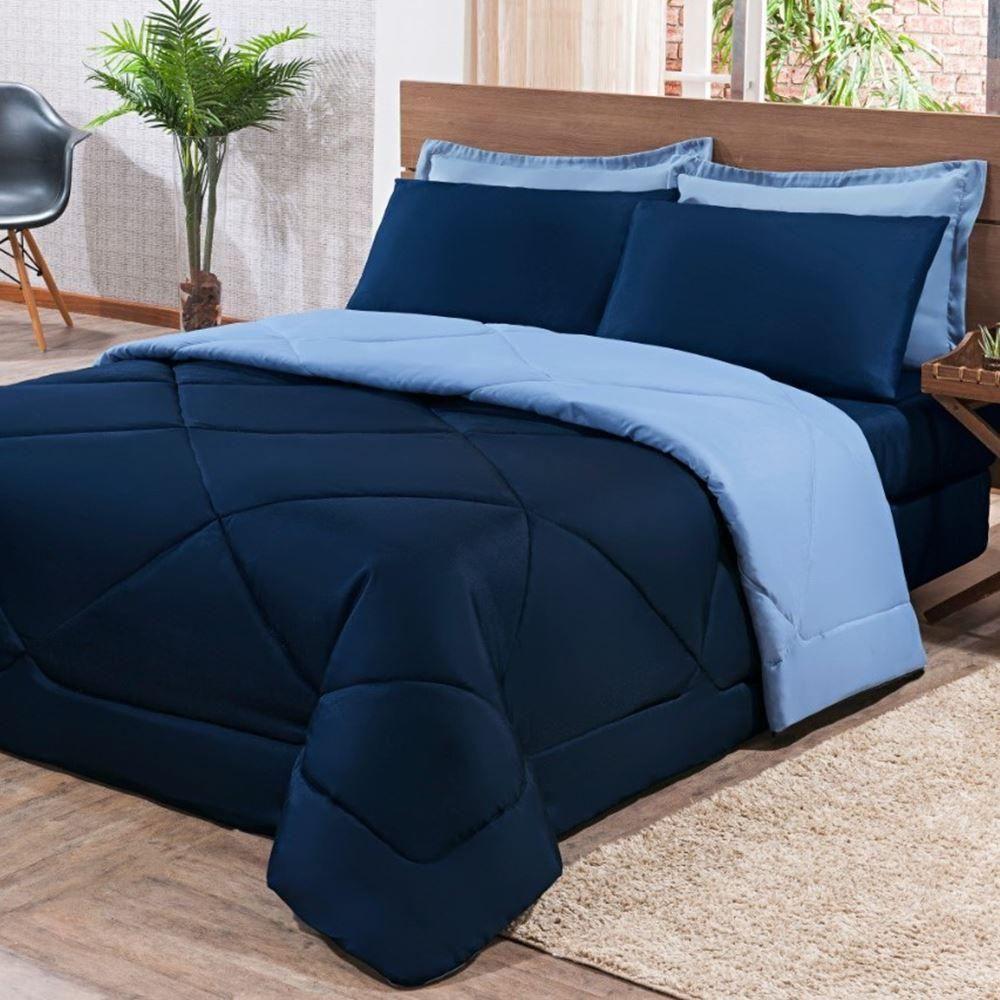 Kit Edredom + Jogo De Lençol Aconchego Dupla Face Casal Queen 06 Peças - Azul Marinho E Azul - 4