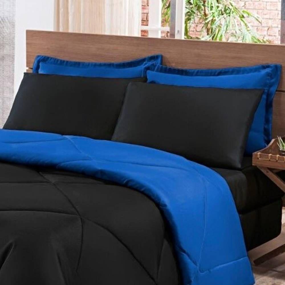 Kit Edredom + Jogo De Lençol Aconchego Look House Dupla Face Casal Queen 06 Peças - Preto- Azul - 8