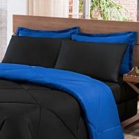 Kit Edredom + Jogo De Lençol Aconchego Look House Dupla Face Casal Queen 06 Peças - Preto- Azul - 8
