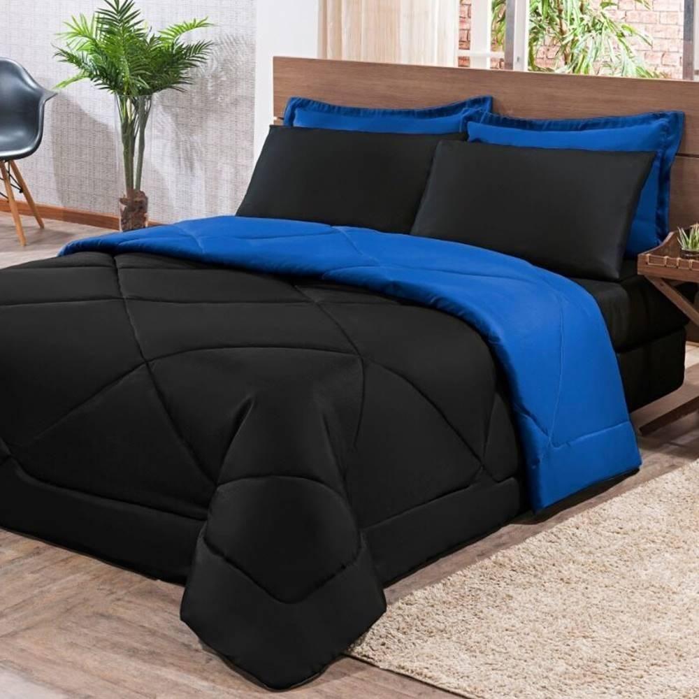 Kit Edredom + Jogo De Lençol Aconchego Look House Dupla Face Solteiro 04 Peças - Preto- Azul - 4