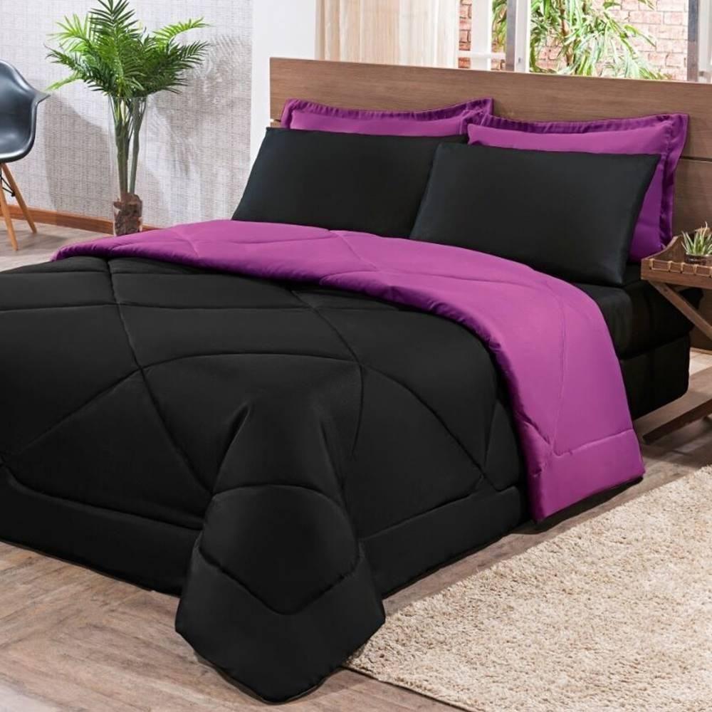 Kit Edredom + Jogo De Lençol Aconchego Look House Dupla Face Casal Queen 06 Peças - Preto- Roxo - 3