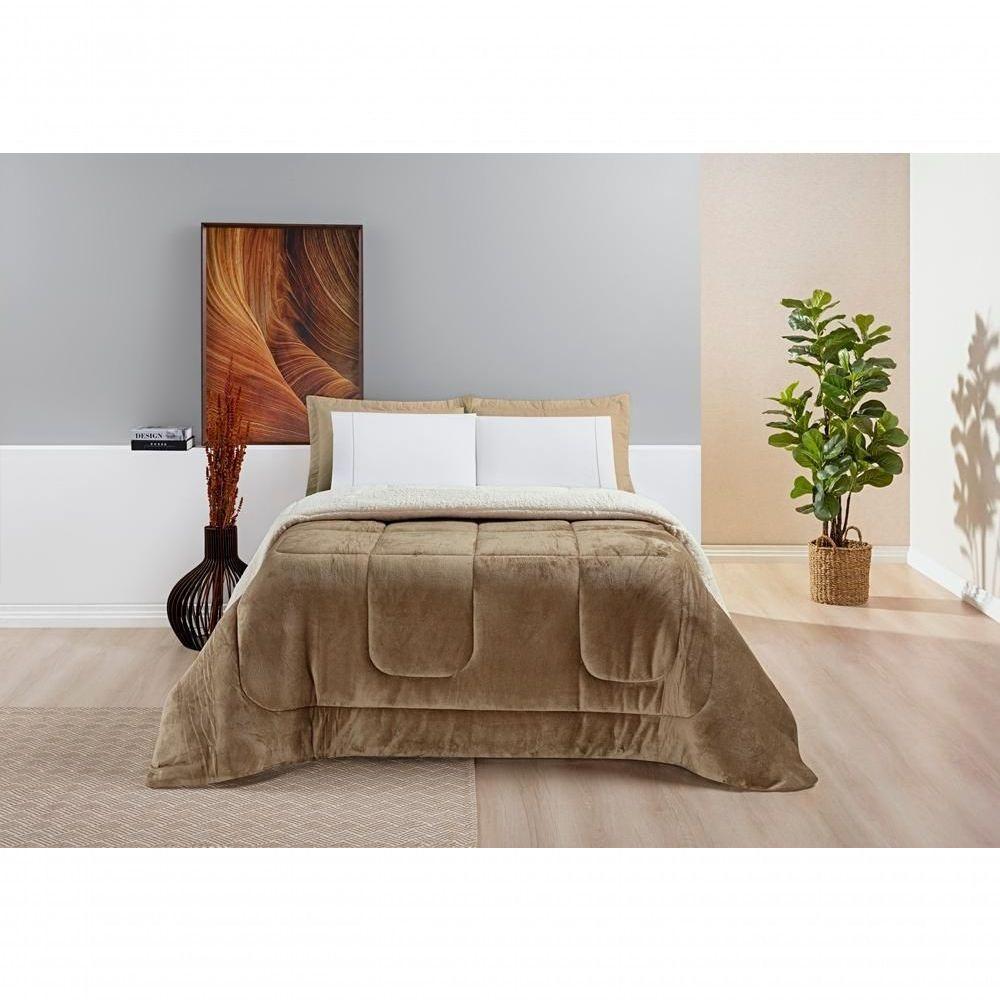 Coberdrom Sherpa E Flannel Everest Solteiro Manta Alta 150g 01 Peça - Caqui - 1