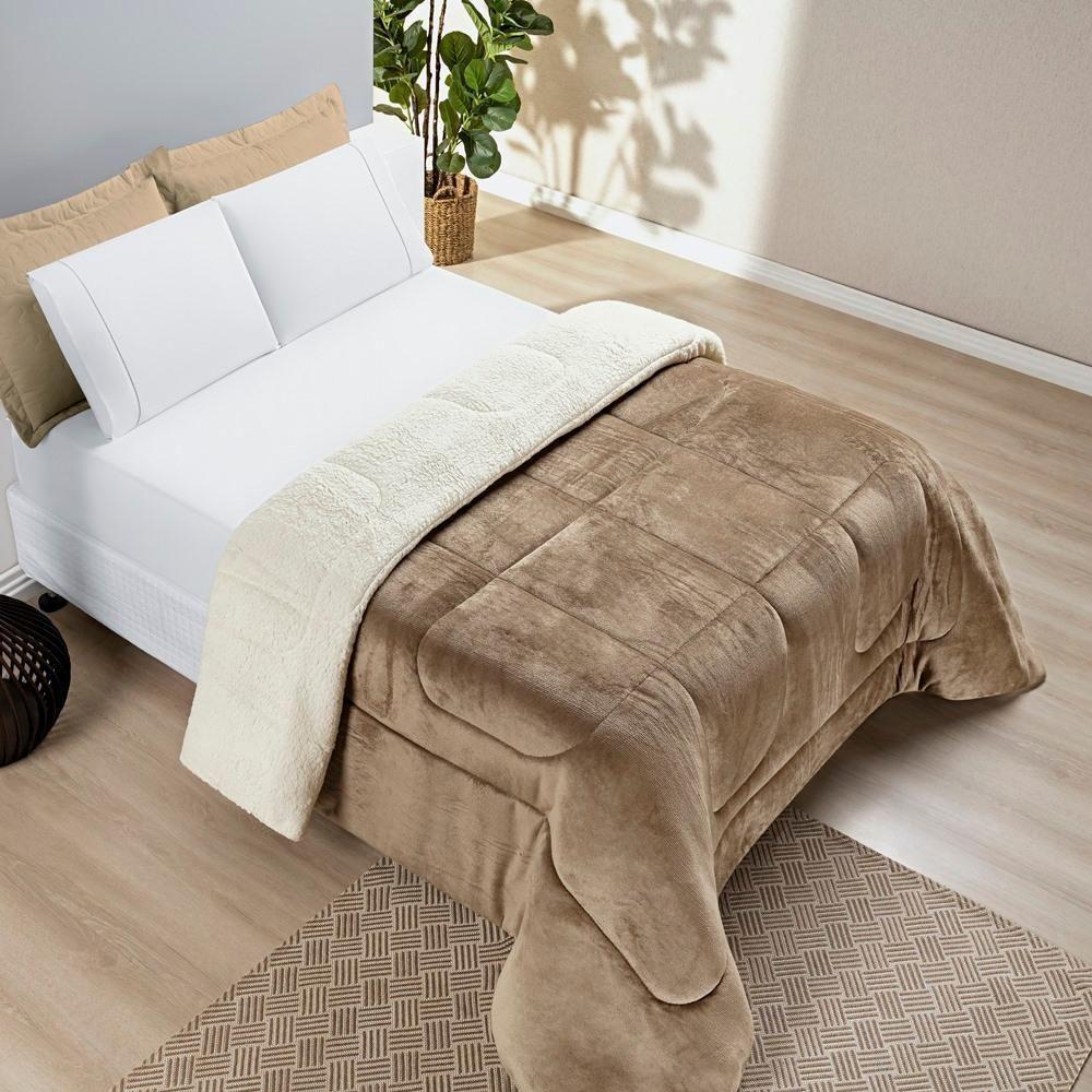 Coberdrom Sherpa E Flannel Everest Solteiro Manta Alta 150g 01 Peça - Caqui - 3