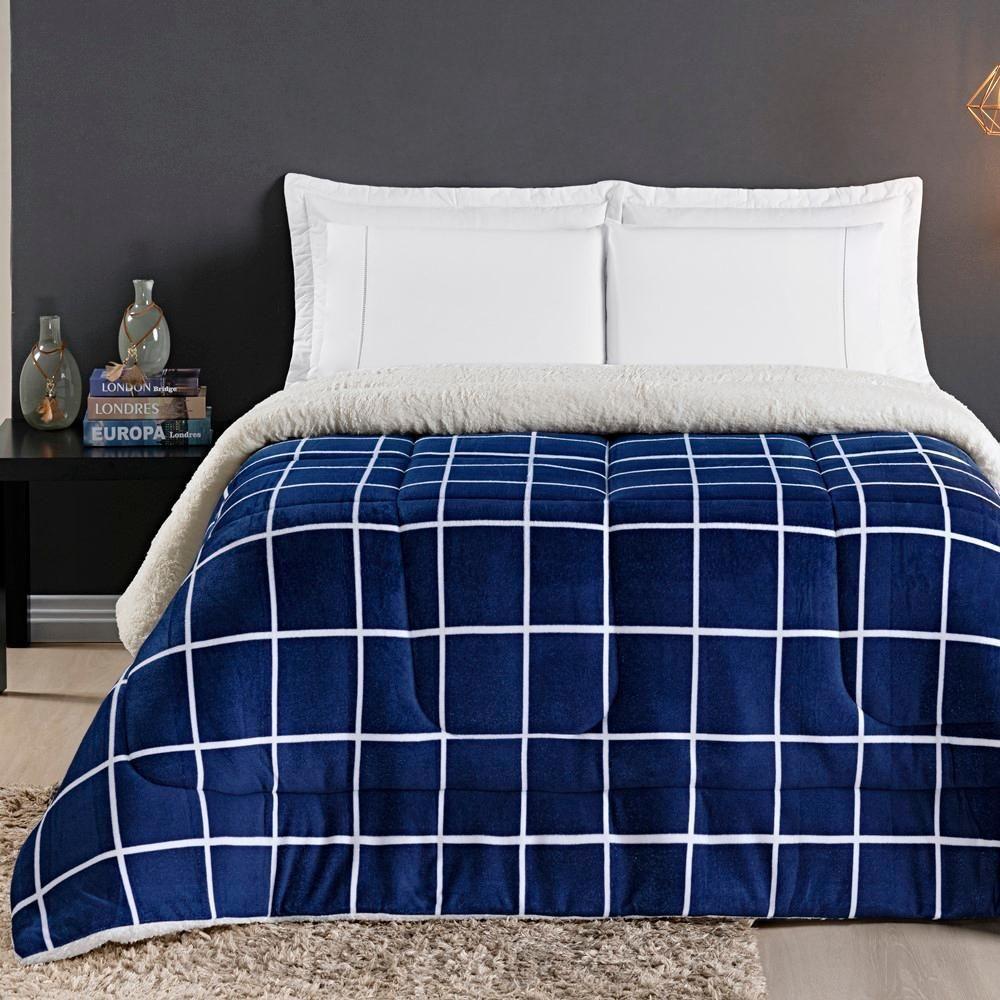 Coberdrom Sherpa E Flannel Austin Queen Manta 100g 01 Peça - Marinho - 1