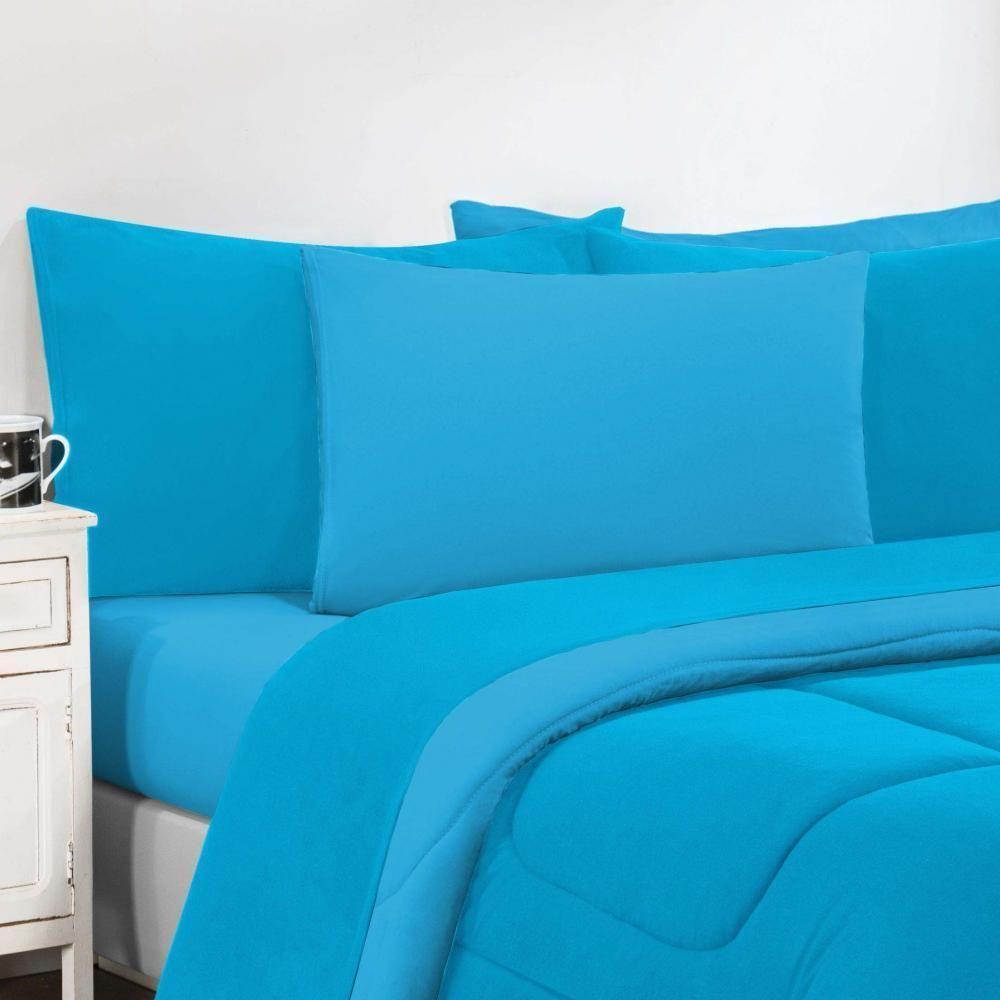 Kit Edredom + Jogo De Lençol Malha 100% Algodão 4 Peças Solteiro - Azul Turquesa-azul Turquesa - 2