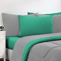 Kit Edredom + Jogo De Lençol Malha 100% Algodão Gran Moratta 4 Peças Solteiro - Cinza-verde Jade - 1