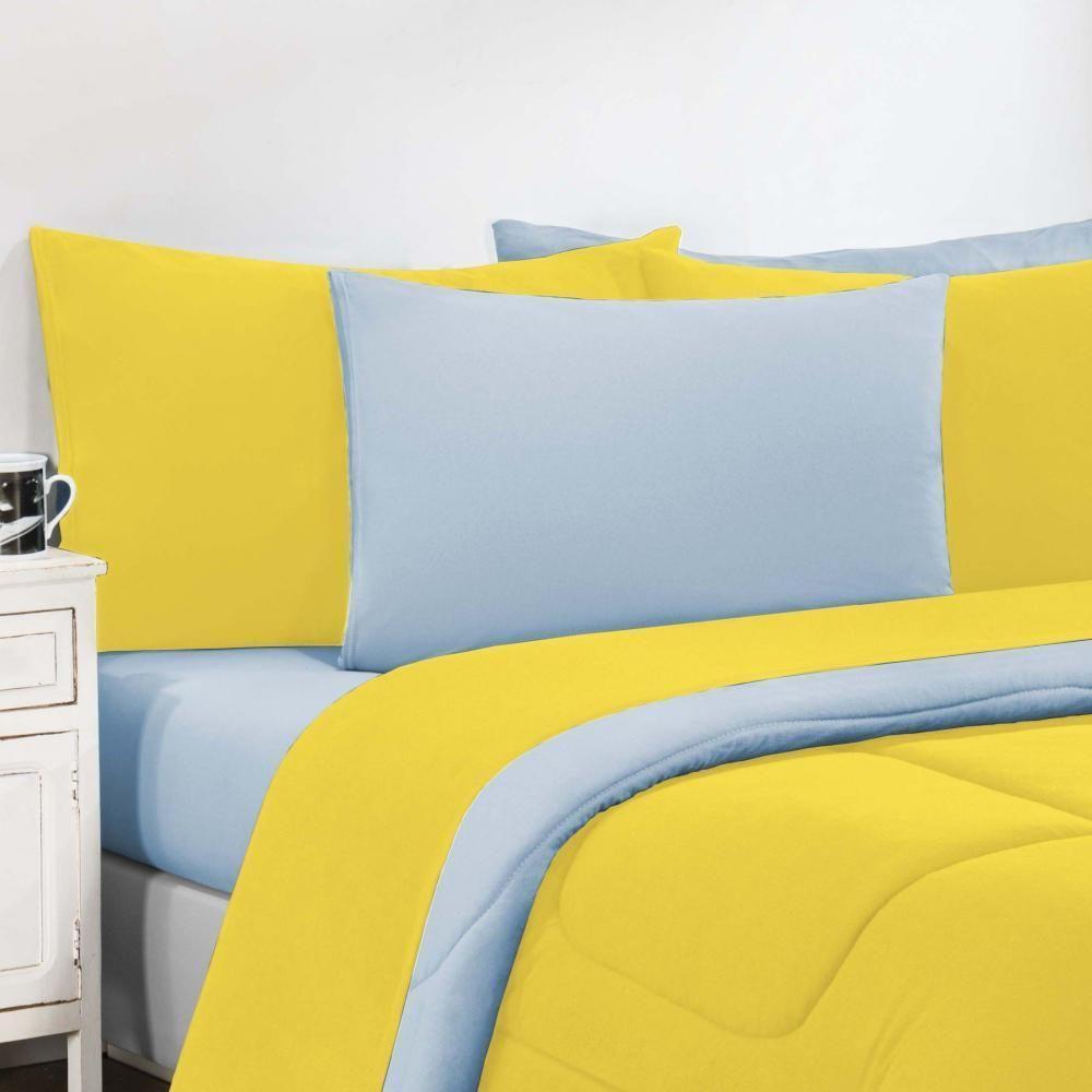 Kit Edredom + Jogo De Lençol Malha 100% Algodão Gran Moratta 5 Peças Solteiro - Amarelo-azul Bebê - 2
