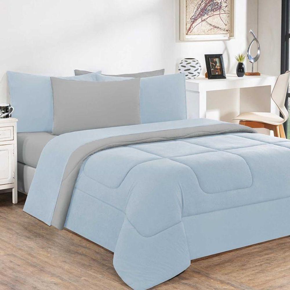 Kit Edredom + Jogo De Lençol Malha 100% Algodão Gran Moratta 4 Peças Solteiro - Azul Bebê-cinza - 3