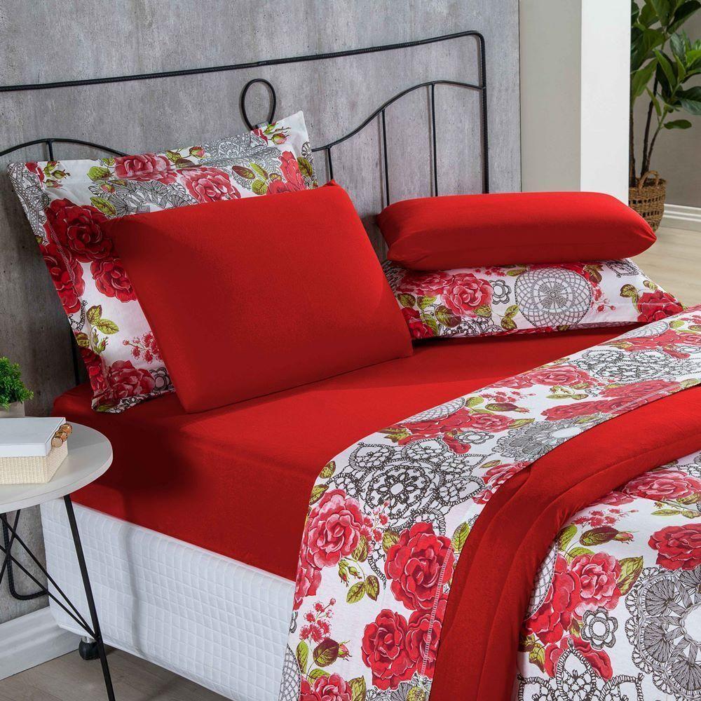 Edredom Malha 100% Algodão Primavera 1 Peça Queen - Floral Vermelho - 3
