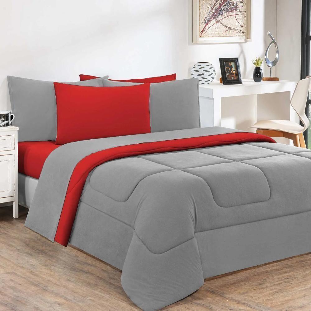 Edredom Dupla Face 100% Algodão Malha Queen Gran Moratta 01 Peça - Vermelho- Cinza - 1