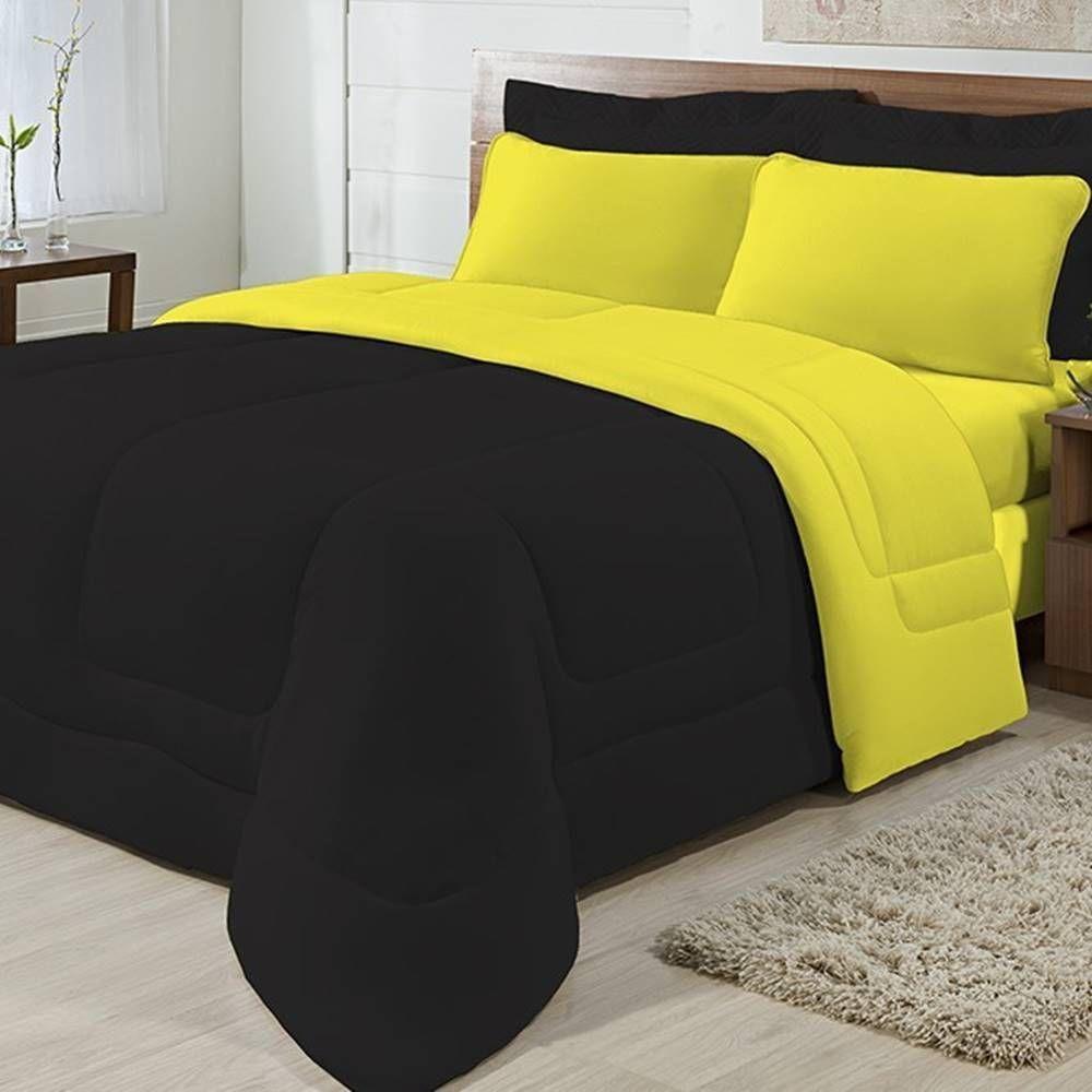 Edredom Dupla Face 100% Algodão Malha Queen Gran Moratta 01 Peça - Preto- Amarelo - 5
