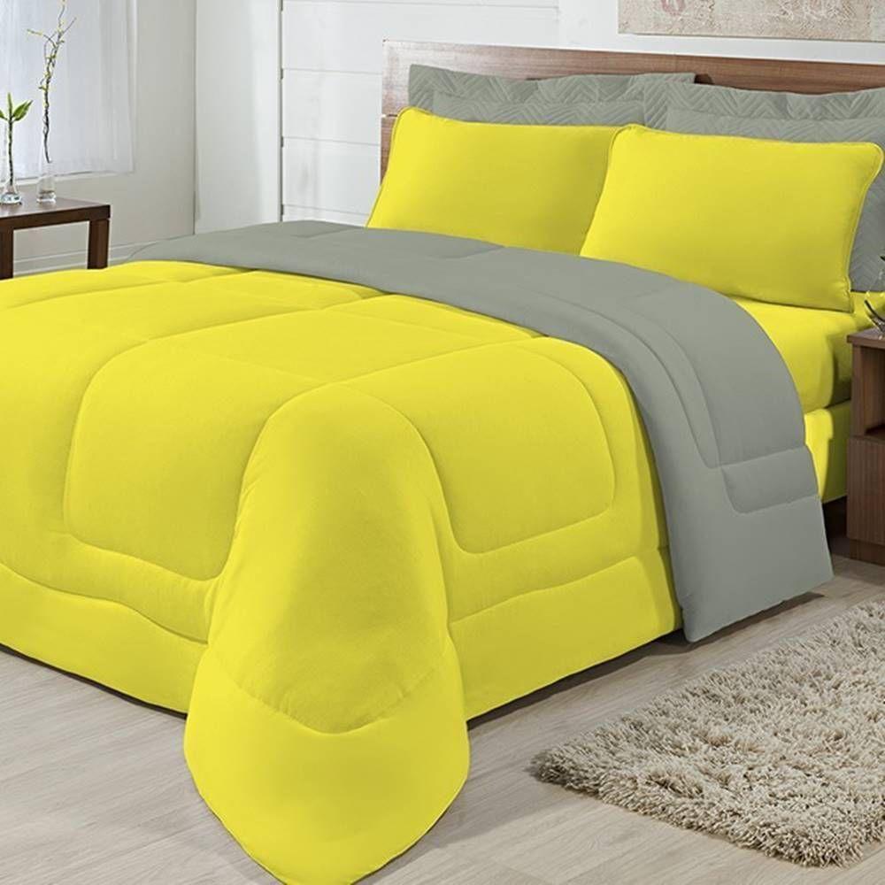 Edredom Dupla Face 100% Algodão Malha Solteiro Gran Moratta 01 Peça - Cinza- Amarelo - 5