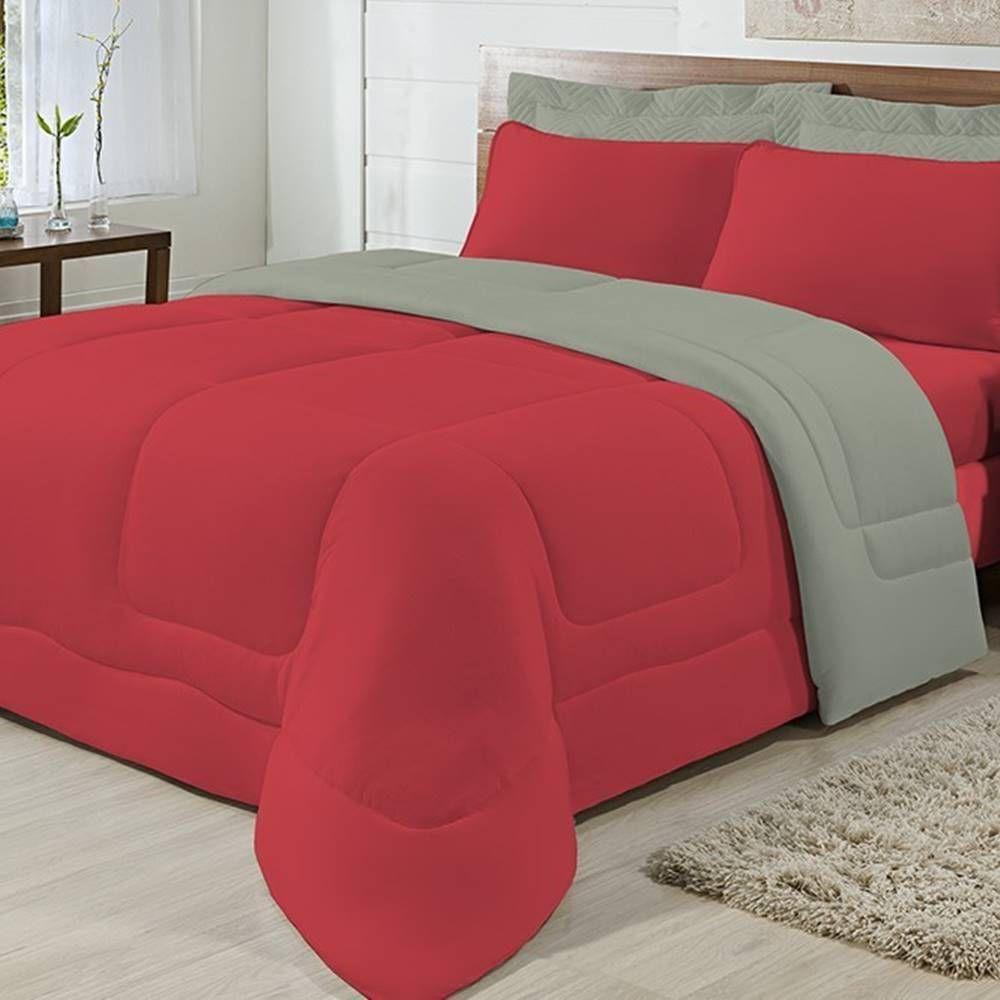 Edredom Dupla Face 100% Algodão Malha Solteiro Gran Moratta 01 Peça - Vermelho- Cinza - 4