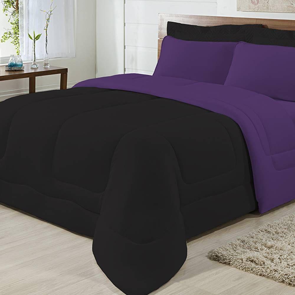 Edredom Dupla Face 100% Algodão Malha Casal Gran Moratta 01 Peça - Preto- Roxo - 4