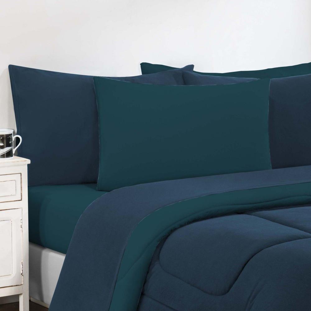 Kit Edredom + Jogo De Lençol Malha 100% Algodão 7 Peças King - Azul Marinho-azul Petróleo - 1