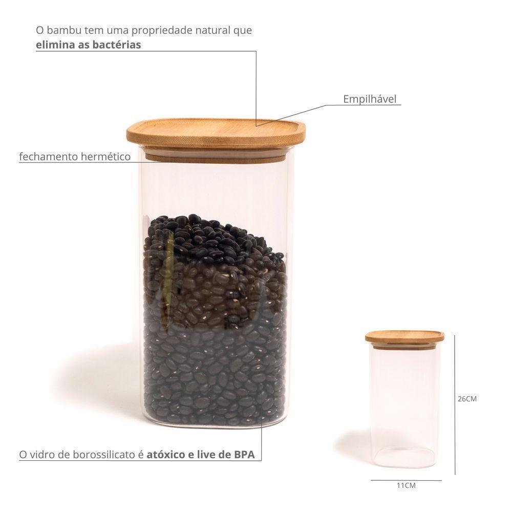 Pote De Vidro Com Tampa De Bambu Oikos 1,9l Hermético Quadrado Empilhável - 3