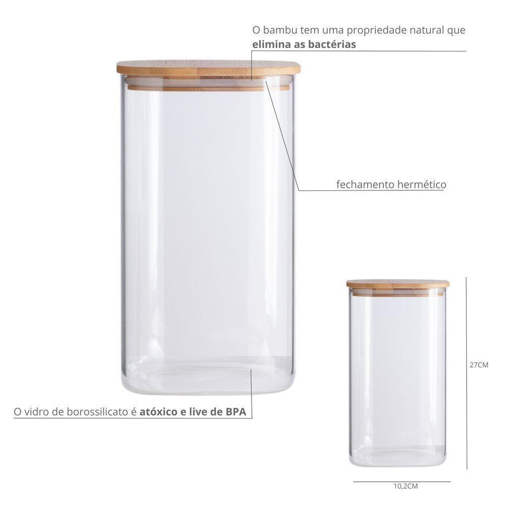 Pote De Vidro Com Tampa De Bambu Oikos 1,9l Hermético Quadrado - 5