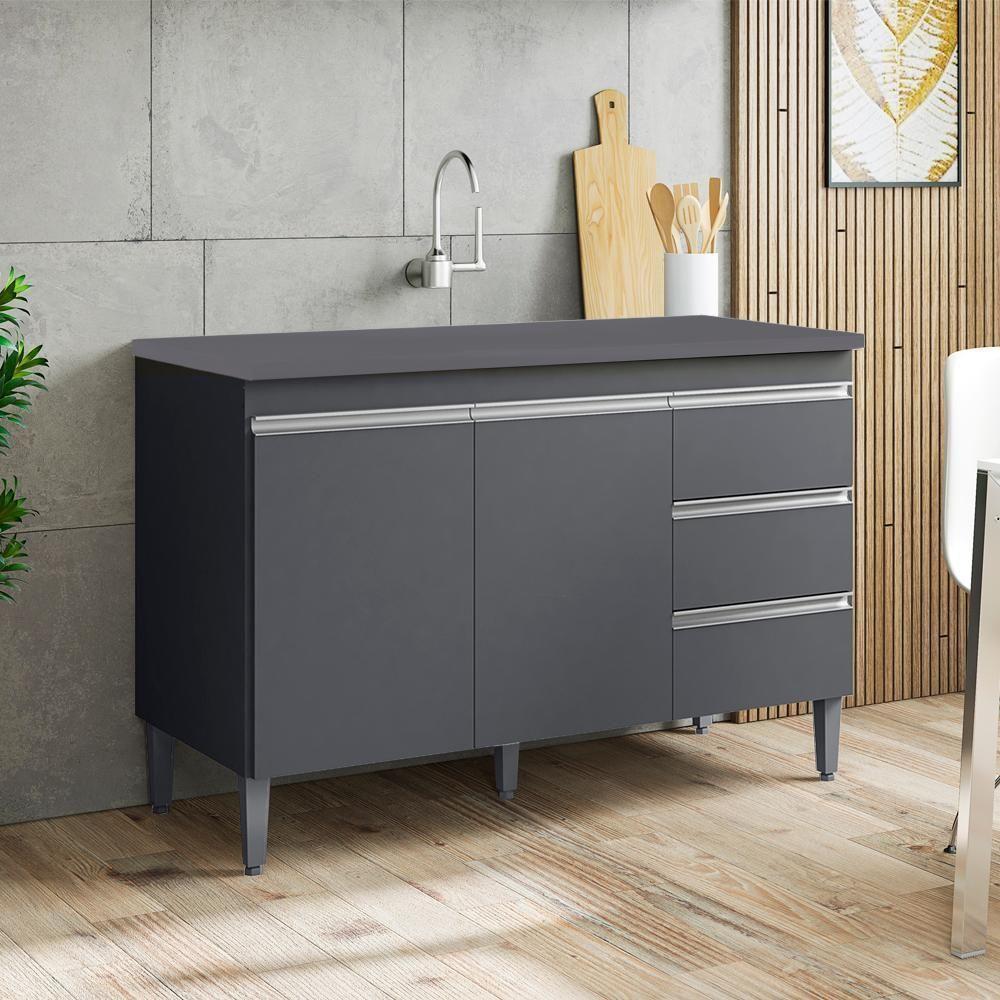 Balcao Com Tampo 120 Cm 2 Portas Andreia Cinza Reajl Cinza - 3