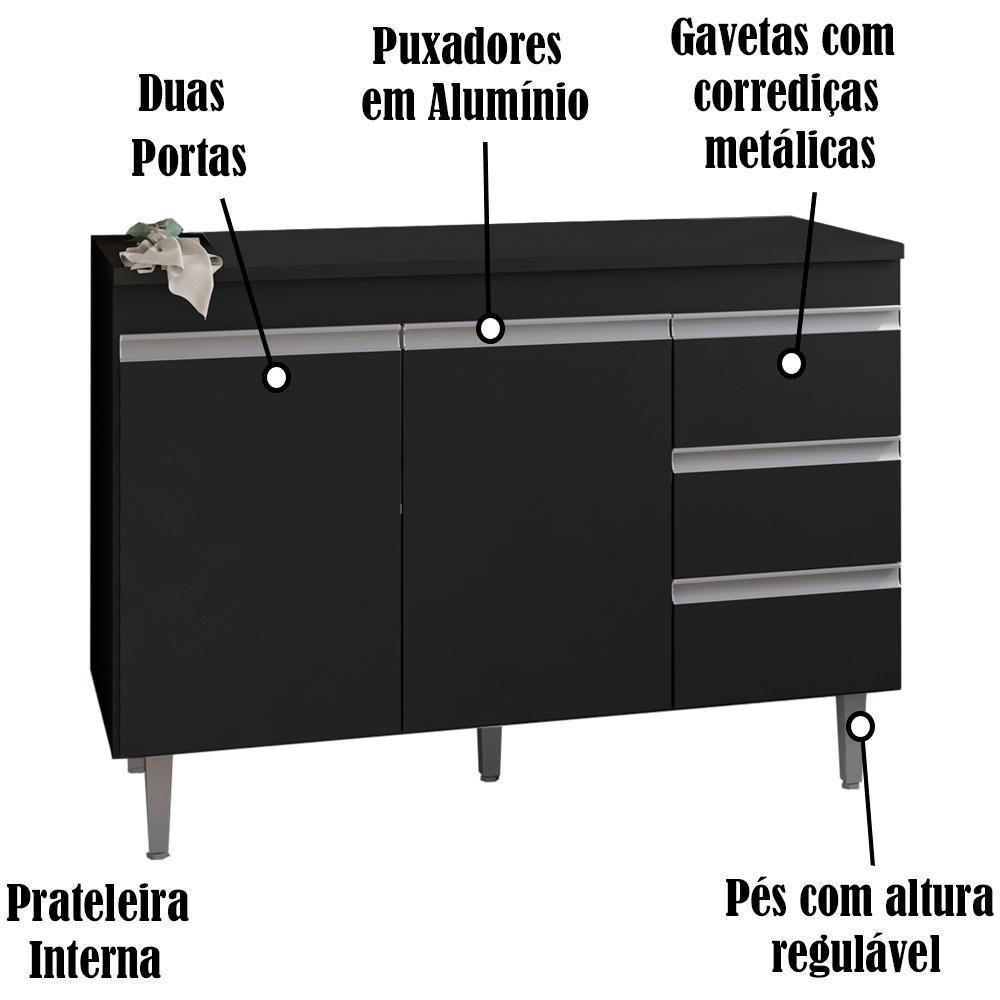 Balcao Com Tampo 120 Cm 2 Portas Andreia Preto Reajl Preto - 7