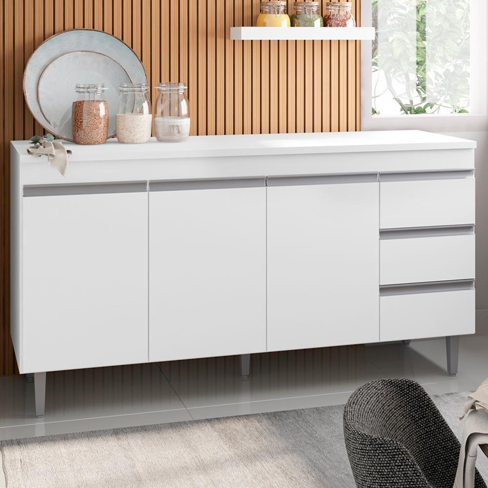 Balcao Com Tampo 160 Cm 3 Portas Andreia Branco Reajl Branco - 4