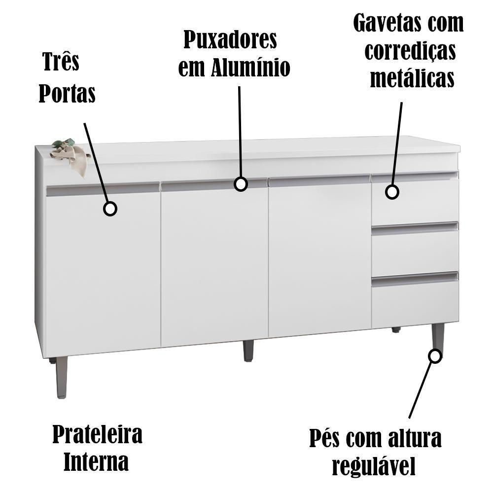 Balcao Com Tampo 160 Cm 3 Portas Andreia Branco Reajl Branco - 6