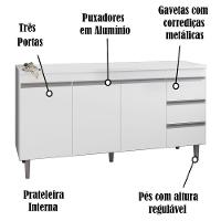 Balcao Com Tampo 160 Cm 3 Portas Andreia Branco Reajl Branco - 6