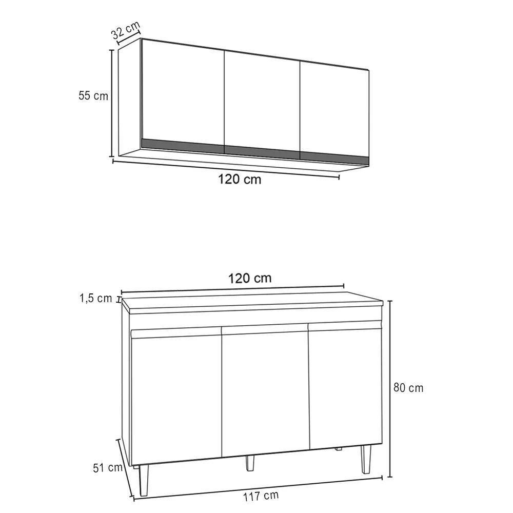 Armário Aéreo Andréia E Balcão Gabinete Sem Tampo Manu 120cm - Ajl Móveis Cor Preto - 4