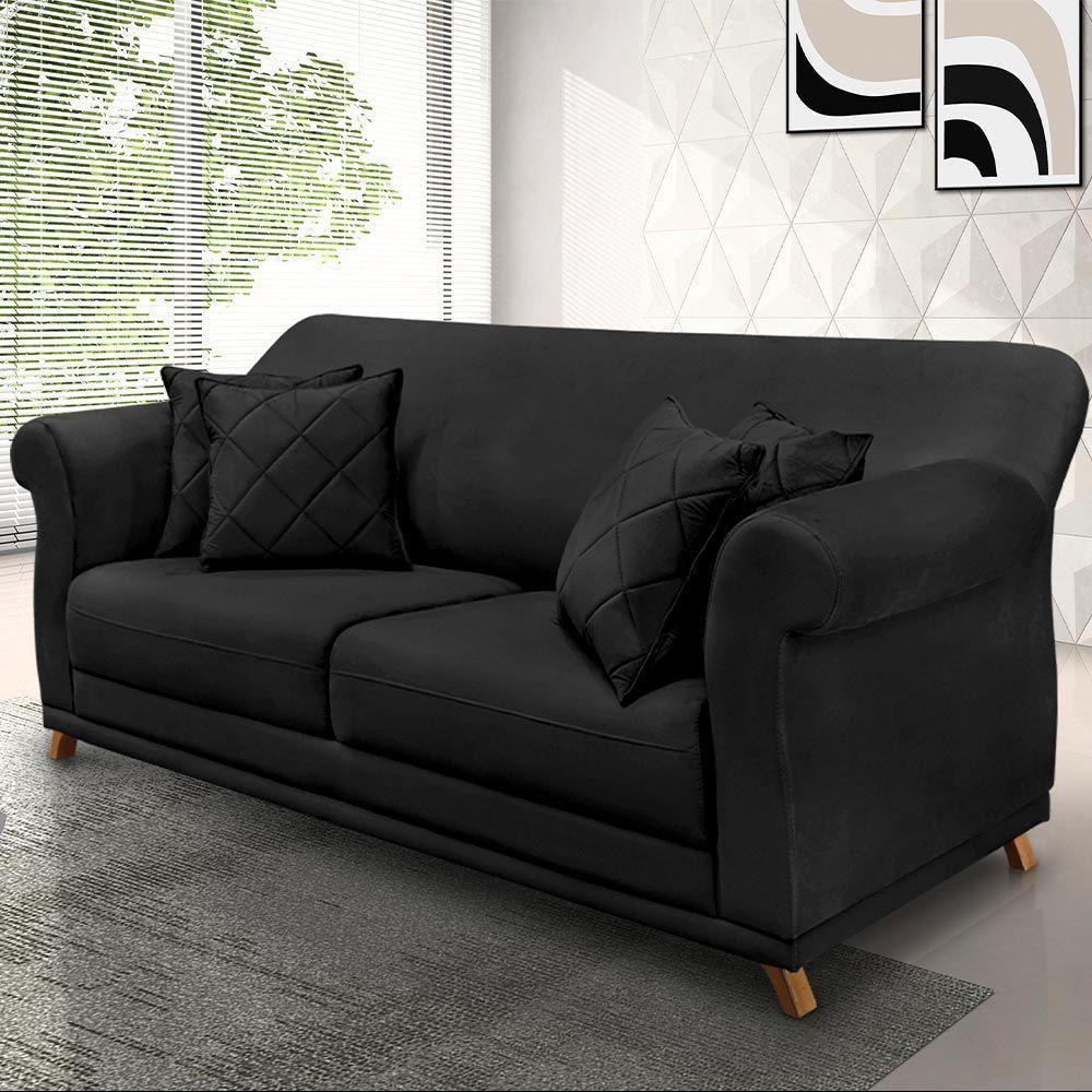 Sofá 160cm 2 Lugares Com 4 Almofadas Veludo Preto - 5