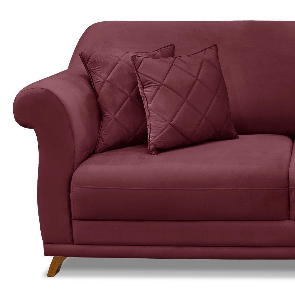 Sofá 200cm 3 Lugares Com 4 Almofadas Veludo Vinho - 4