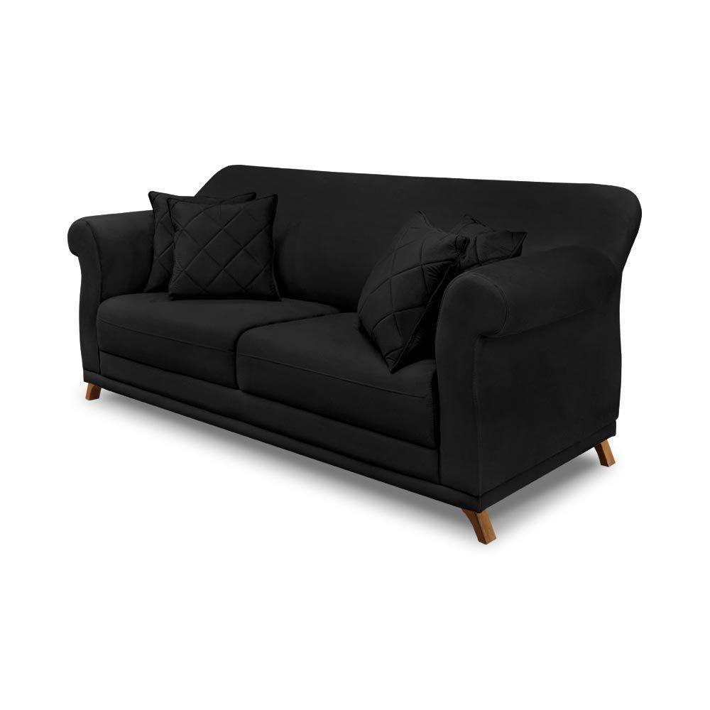 Sofá 200cm 3 Lugares Com 4 Almofadas Suede Preto - 1