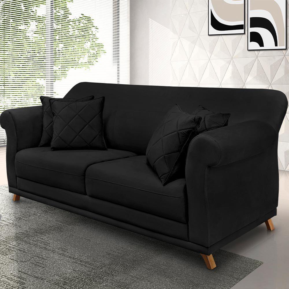 Sofá 180cm 2 Lugares Com 4 Almofadas Suede Preto - 5