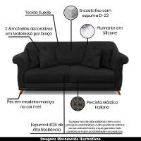 Sofá 180cm 2 Lugares Com 4 Almofadas Suede Preto - 7