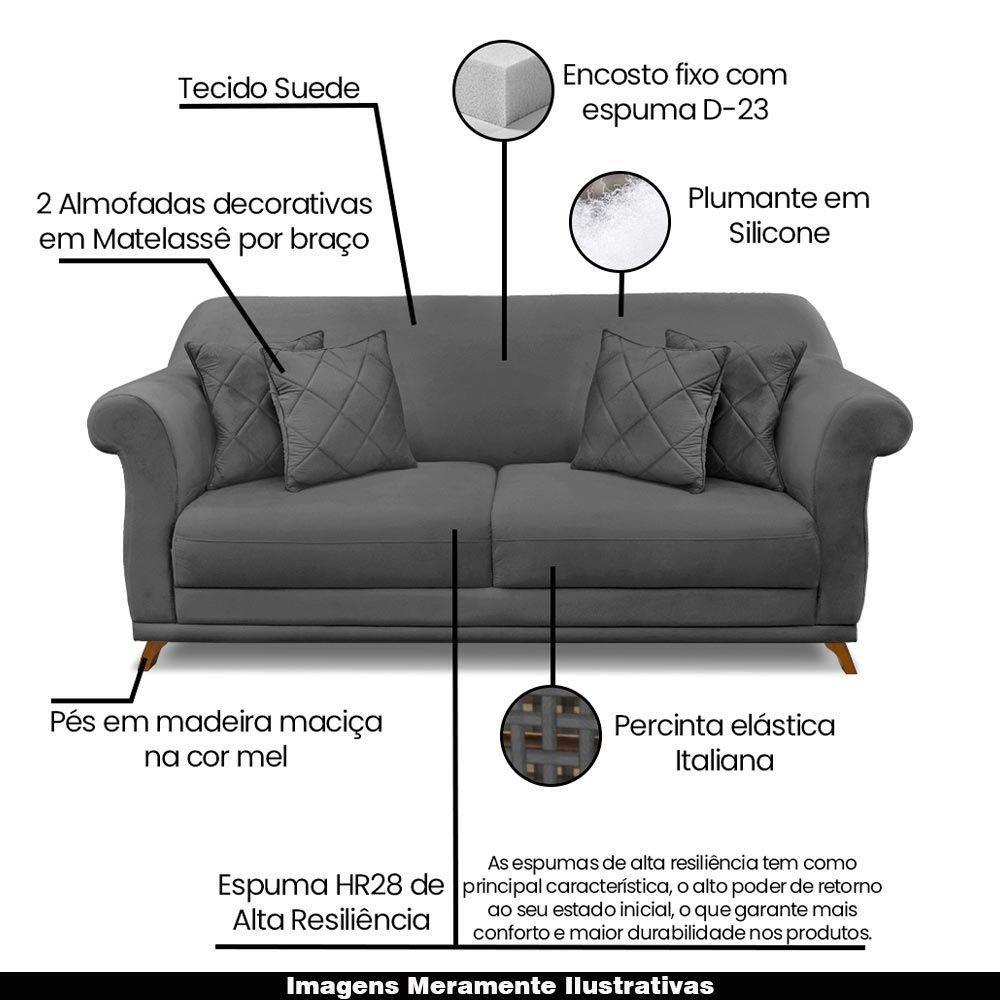 Sofá 160cm 2 Lugares Com 4 Almofadas Suede Cinza - 7