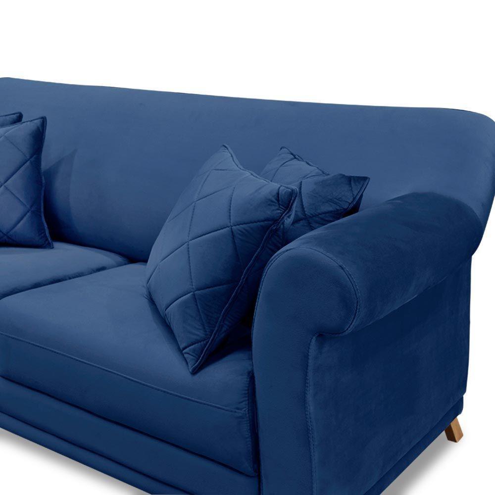 Sofá 220cm 3 Lugares Com 4 Almofadas Suede Azul Marinho - 3
