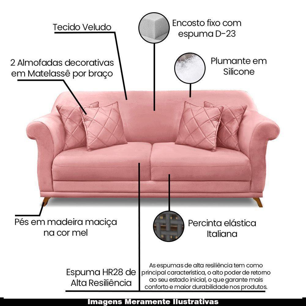 Sofá 180cm 2 Lugares Com 4 Almofadas Veludo Rosa - 7