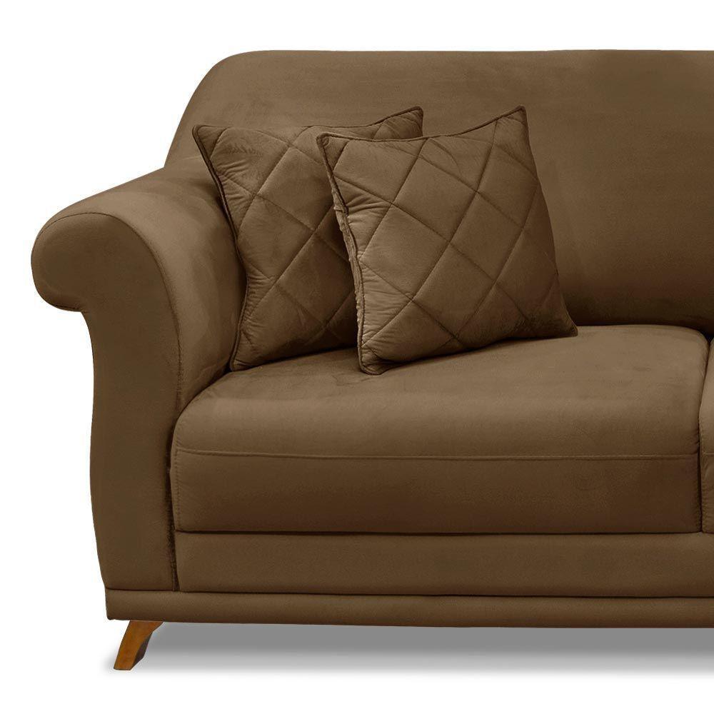 Sofá 200cm 3 Lugares Com 4 Almofadas Suede Caramelo - 3