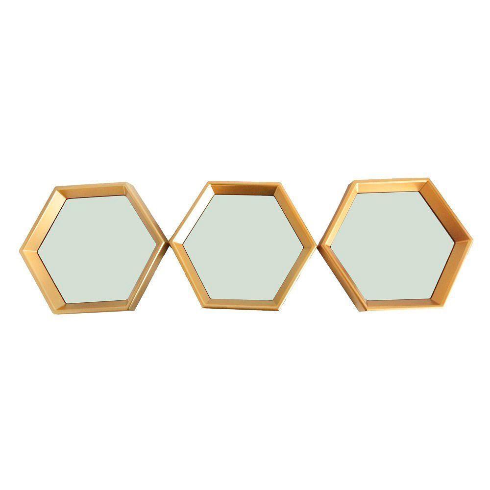 Kit 03 Espelhos Decorativo Moldura Hexagonal Dourado - D'rossi - 1