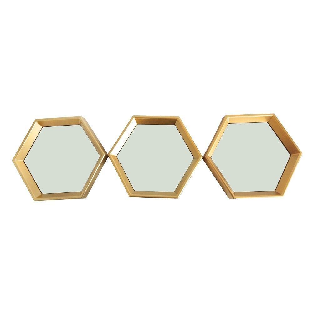 Kit 03 Espelhos Decorativo Moldura Hexagonal Dourado - D'rossi - 3