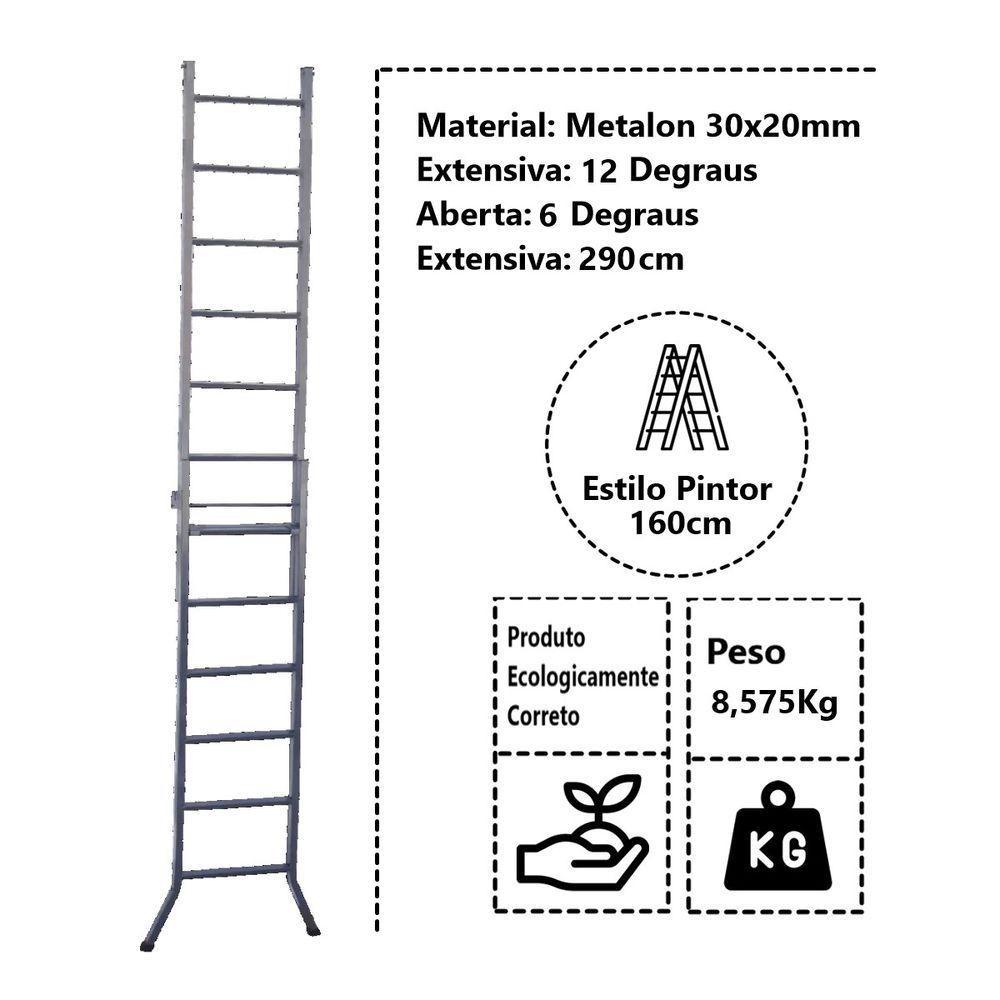 Escada Extensiva 3 Em 1 Metalon 30x20mm 6 E 12 Degraus 160cm - 4