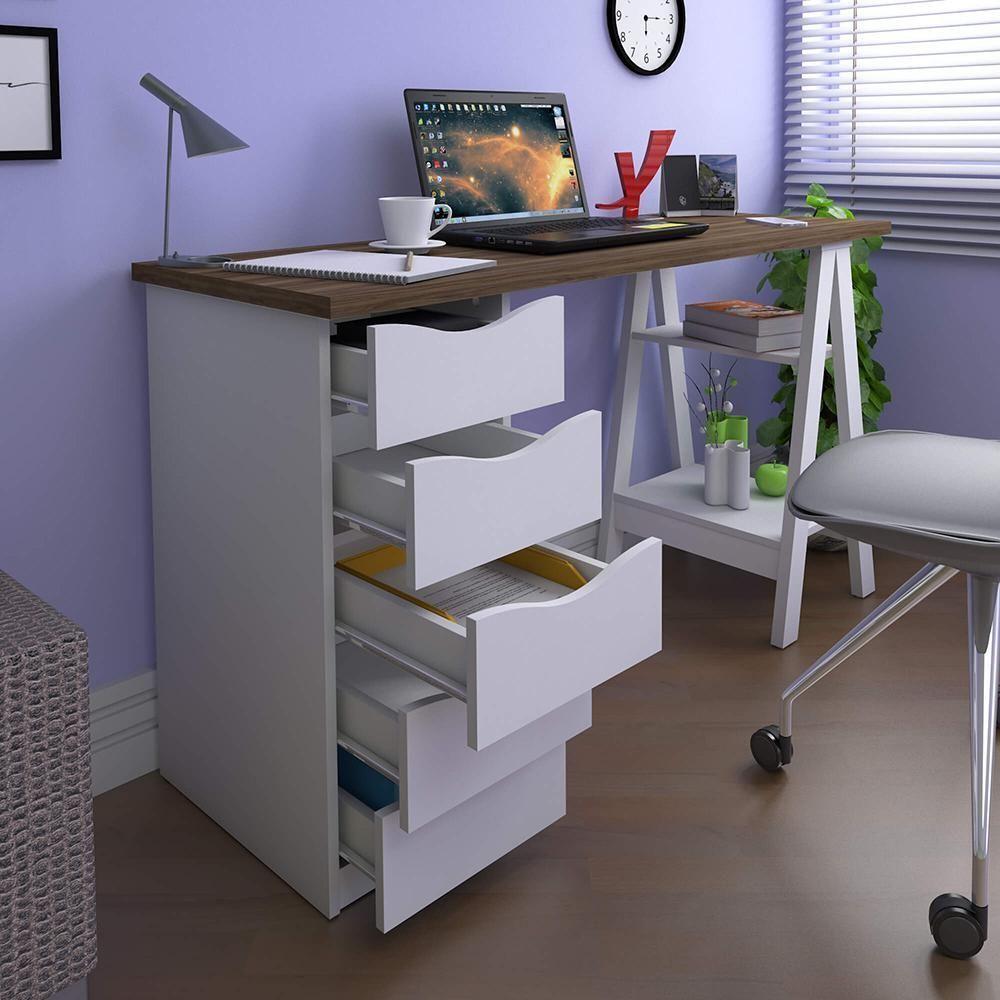 Mesa De Escritório Com 5 Gavetas Mississipi Nogal Branco - 7
