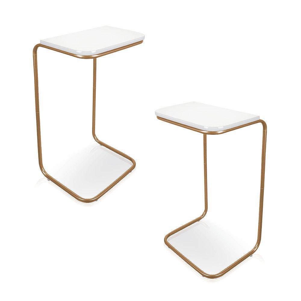 Kit 2 Mesas Lateral Tampo Multiuso P/ Sófá Base Dourado - 1