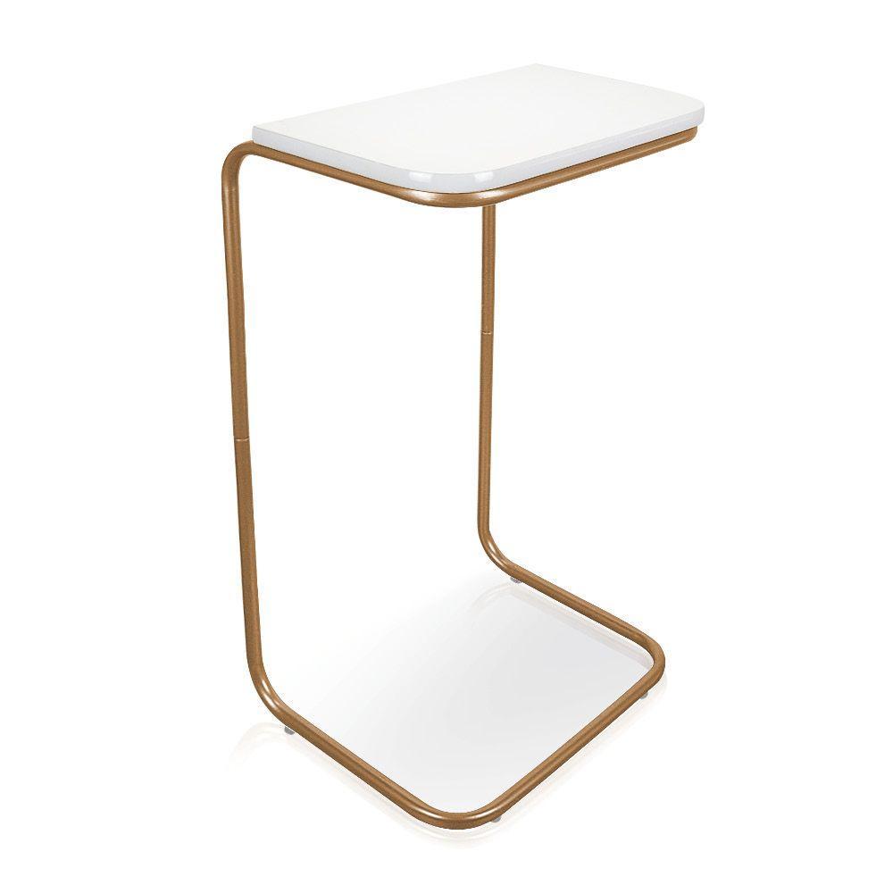 Mesa Lateral Tampo Multiuso P/ Sofá Base Dourado Branco - 1