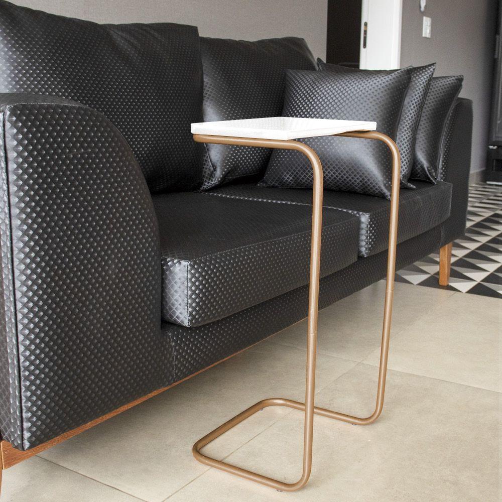 Mesa Lateral Tampo Multiuso P/ Sofá Base Dourado Branco - 6