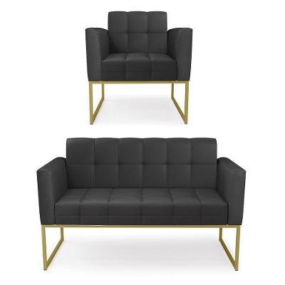 Kit 1 Sofá Namoradeira E 1 Poltrona Elisa Corino Preto Base Metálica Industrial Dourado - D'rossi
